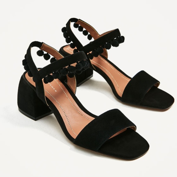 Zara Shoes - LEATHER MID HEEL POMPOM SANDALS